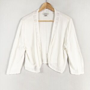 Cj Banks Cardigan 1X White Cropped Open Front Rayon Knit Lace Trim Lightweight
